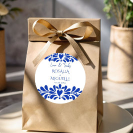 Pegatina Redonda Talavera azulejo azul vintage boda mexicano