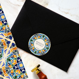 Pegatina Redonda Talavera azulejo azul vintage monograma mexicano