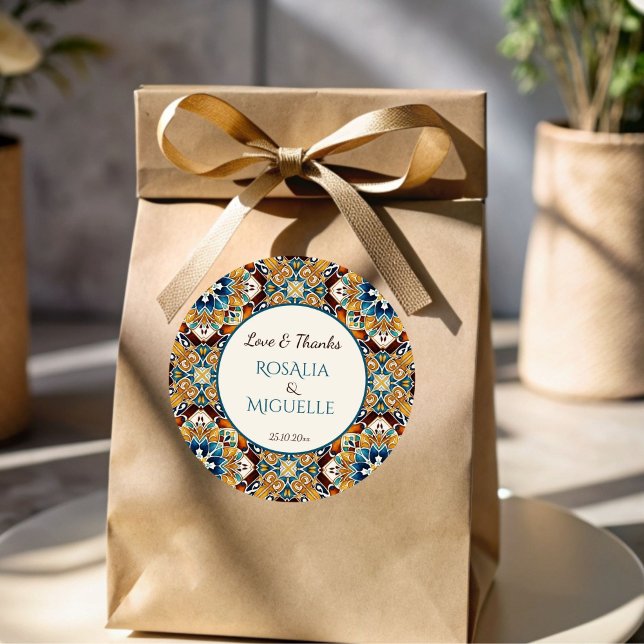 Pegatina Redonda Talavera azulejo azulejo vintage boda mexicano (Talavera azulejo tile vintage Mexican wedding thank you favor Sticker wedding favors printed sticker)