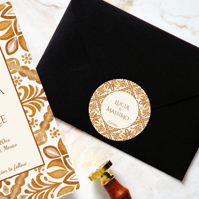 Pegatina Redonda Talavera terracotta vintage boda mexicana (Talavera terracotta vintage Mexican wedding Sticker template bride and groom names envelope stickers)