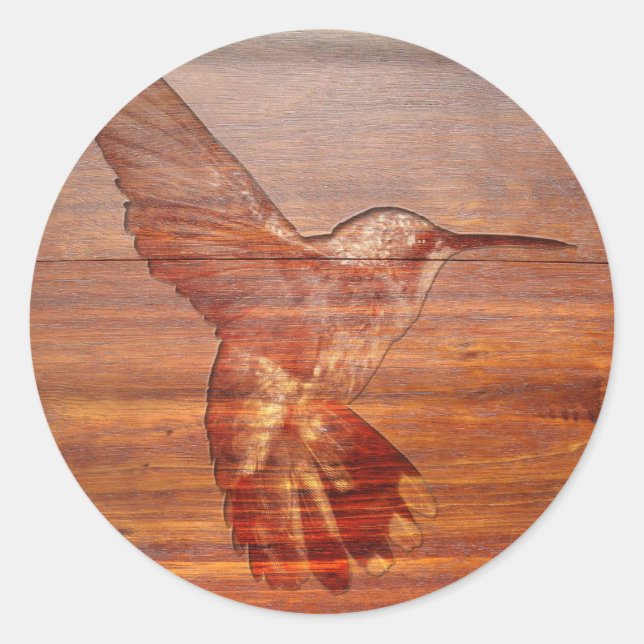 Pegatina Redonda Talla de madera de colibrí (Anverso)