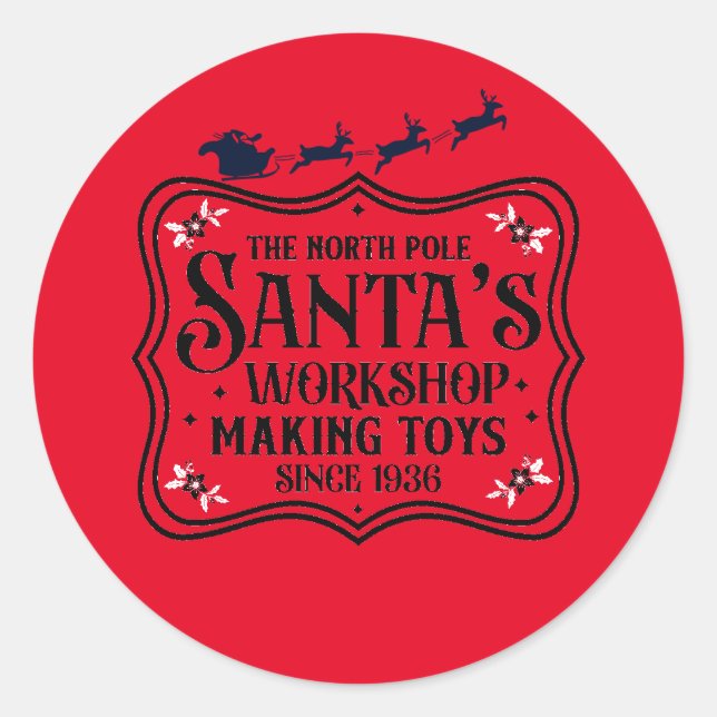 Pegatina Redonda Taller de Santa Claus haciendo juguetes desde... N (Anverso)