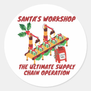 Pegatina Redonda Taller de Santa Claus, última operación de cadena