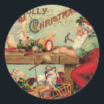 Pegatina Redonda Taller de vintage Christmas Santa's Toys Regalos d<br><div class="desc">Bonito ilustracion vintage auténtico, muy colorido, con Santa Claus padre de Navidad San Nicolás en su taller preparando juguetes para Navidad. Muchos juguetes antiguos para niños y chicas. El ilustracion se incluye en una amplia gama de accesorios y regalos y decoraciones caseras que puedes personalizar. Ornamentos de Navidad, toallas de...</div>