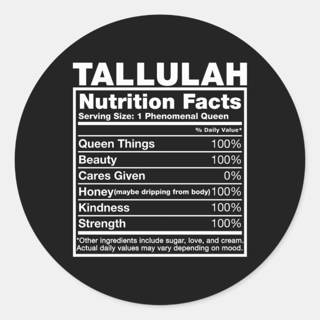 Pegatina Redonda Tallulah Nutrition Facts Tallulah Name (Anverso)