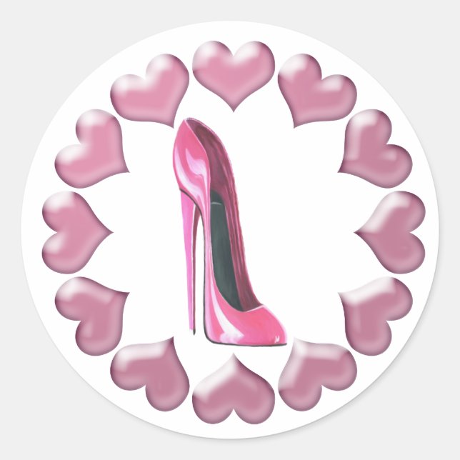 Pegatina Redonda Talón alto rosado Stiletto Shoe Art & Hearts (Anverso)