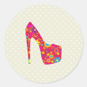 Pegatina Redonda Talones altos, Stiletto, Bombas, Flores, Zapatos r