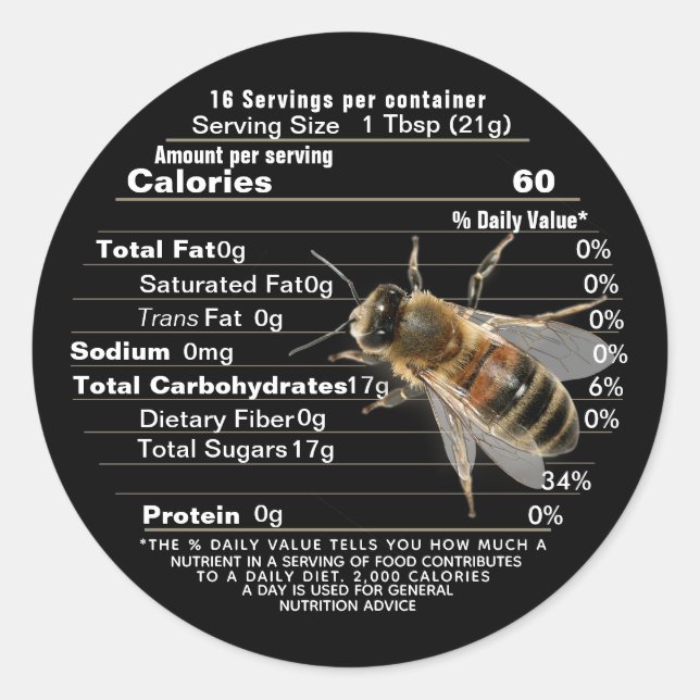 Pegatina Redonda Tamaño de vida Abeja Mini Miel Nutrición Hechos Ne (Anverso)