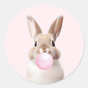 Pegatina Redonda Tan Beige Bunny Soplando Goma Rosa De Burbuja