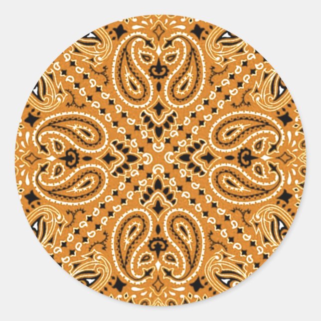 Pegatina Redonda Tan Brown Paisley Western Bandana Scarf Print (Anverso)