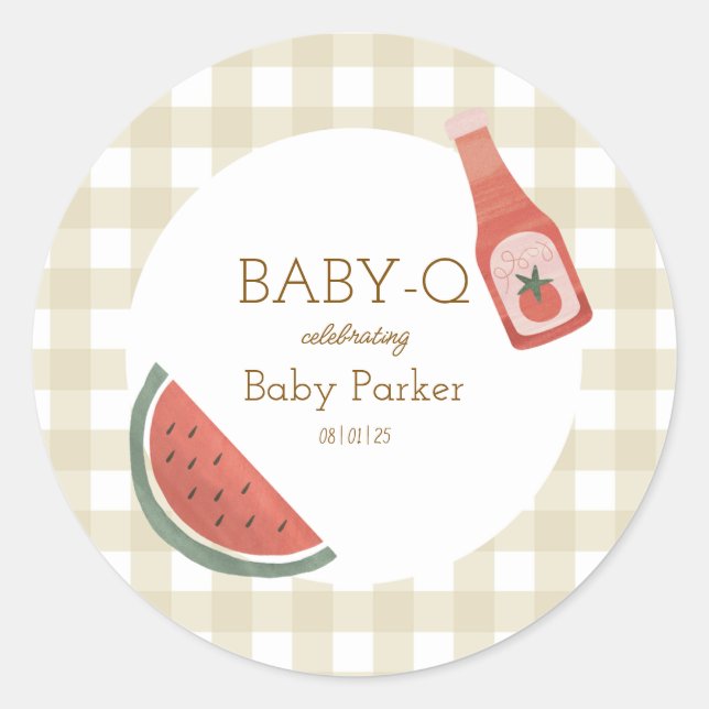 Pegatina Redonda Tan Gingham Baby-Q Sticker (Anverso)