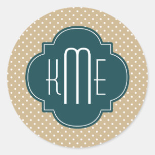 Pegatina Redonda Tan Sand Polka Dots Verde azulado Quatrefoil Monog