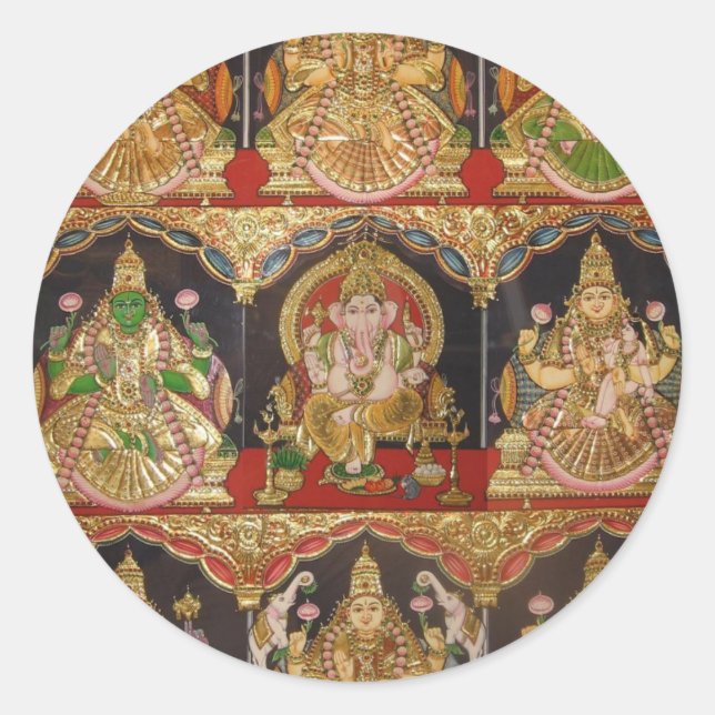 PEGATINA REDONDA TANJORE PINTING ASHTALAKSHMI SUR DE INDIA (Anverso)