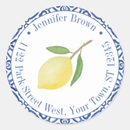 Pegatina Redonda Tapa de boda de limón Capri azul y blanco Direcció