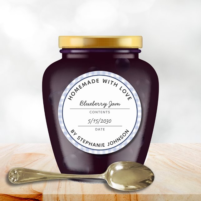 Pegatina Redonda Tapa de frasco de cuadros azules para enlatado cas (Home Canning Product Name Date Blue Check Jar Label Classic Round Sticker)