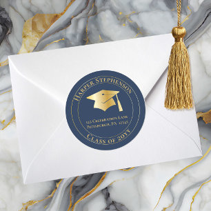 Pegatina Redonda Tapa de Graduación Azul Oro Promoción 2026 Direcci