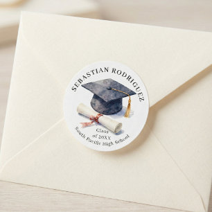 Pegatina Redonda Tapa de graduación clásica con acuarela Diploma