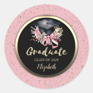Pegatina Redonda Tapa de graduación floral lazo rosa confeti  