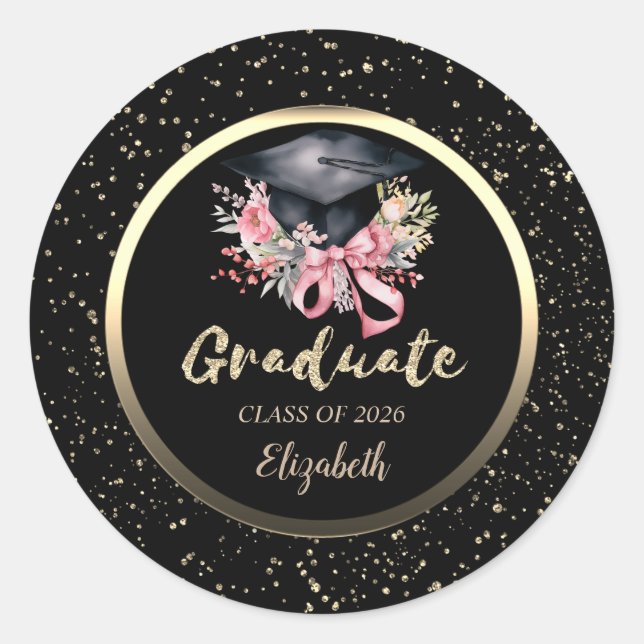 Pegatina Redonda Tapa de graduación floral lazo rosa confeti   (Anverso)