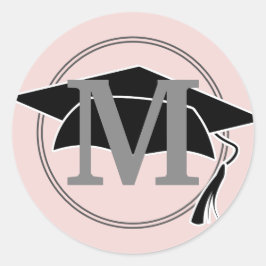 Pegatina Redonda Tapa de graduación monograma inicial gris rosa
