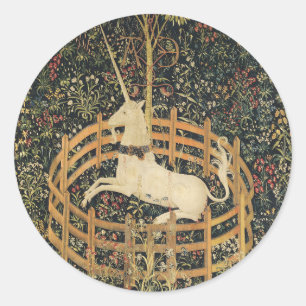 Pegatina Redonda Tapices unicornios Captividad Tapiz Medieval