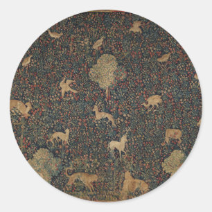 Pegatina Redonda Tapiz de Millefleurs con animales