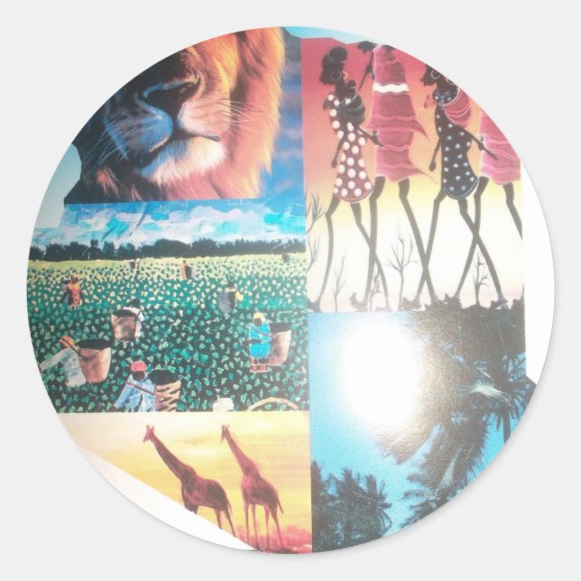 Pegatina Redonda Tapiz keniano: Vida silvestre, cultura y playa cos (Anverso)
