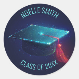 Pegatina Redonda Tapón de graduación azul espumoso, clase de 20XX