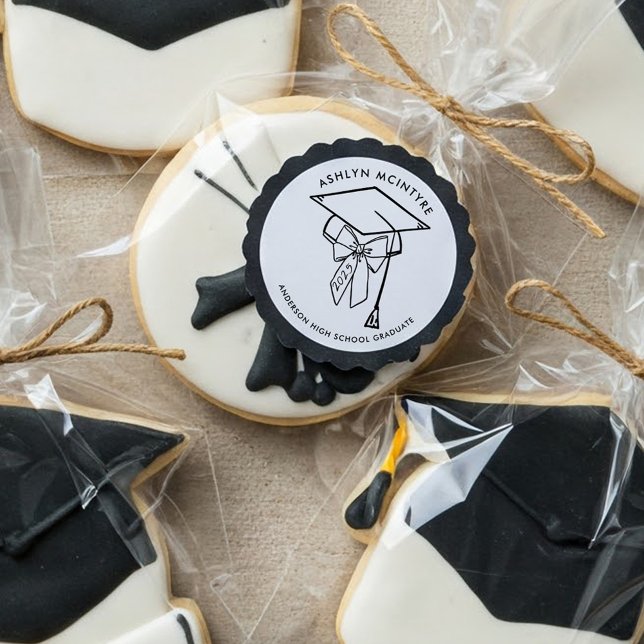 Pegatina Redonda Tapón de graduación minimalista con soplo (Graduation Cap and Bow Sticker)