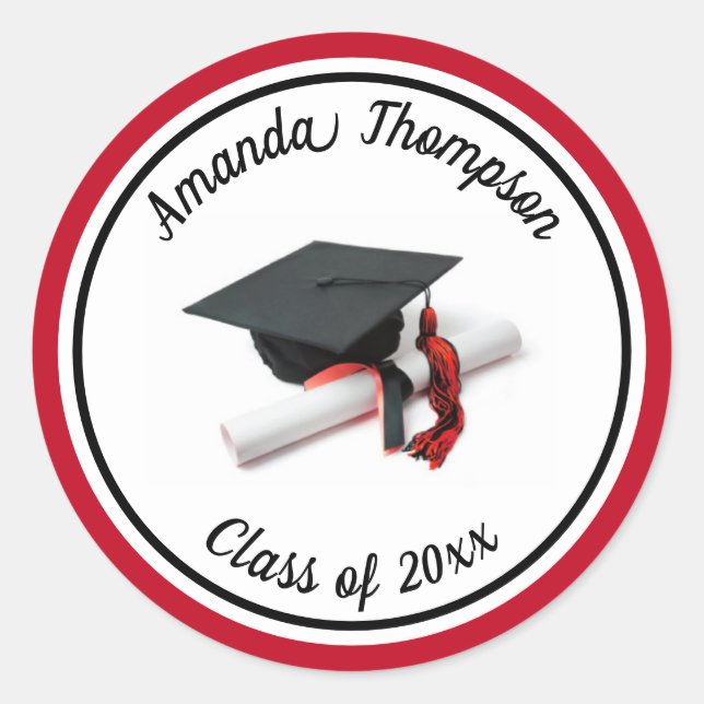 Pegatina Redonda Tapón y tapón de graduación rojo negro (Anverso)