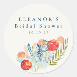 Pegatina Redonda Tarde de boda de aguarela vintage floral azul y ro