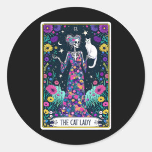 Pegatina Redonda Tarjeta Cat Lady Tarot Skeleton Halloween Skul Oc