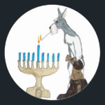 Pegatina Redonda tarjeta chanukah ( Hanukkah )<br><div class="desc">chanukah (Hanukkah) tarjeta schnauzer está iluminando la menorah</div>