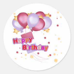 Pegatina Redonda Tarjeta de cumpleaños de globo rosa para niñas – C