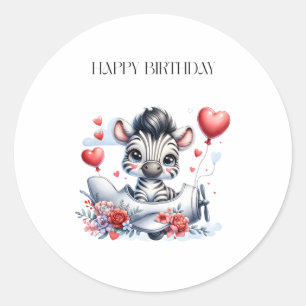 Pegatina Redonda Tarjeta de cumpleaños del avión cebra