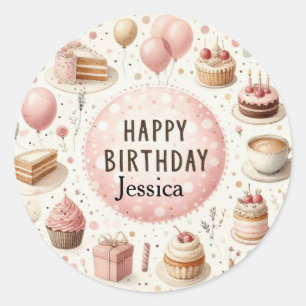 Pegatina Redonda Tarjeta de cumpleaños rosa femenina con cupcakes y