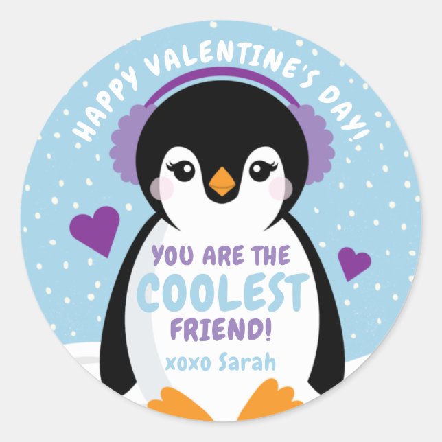 Pegatina Redonda Tarjeta de El día de San Valentín Penguin Classroo (Anverso)