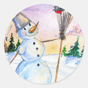 Pegatina Redonda Tarjeta de estilo ruso para navidades snowman