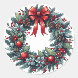 Pegatina Redonda Tarjeta de felicitación Evergreen Wreath para navi
