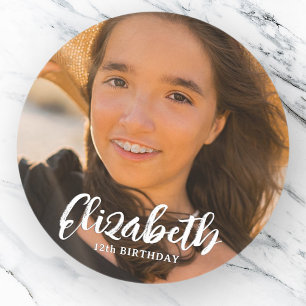 Pegatina Redonda Tarjeta de Feliz Cumpleaños con Foto y Letra Moder