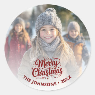 Pegatina Redonda Tarjeta de foto con tipografía de Feliz Navidad co