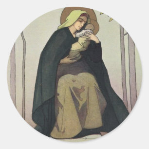 Pegatina Redonda Tarjeta de Madonna Art Nouveau y Navidades infanti