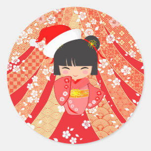 Pegatina Redonda Tarjeta de Navidad de Muñeca Kokeshi