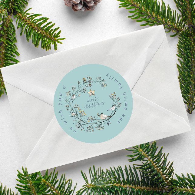 Pegatina Redonda Tarjeta de Navidades de guirnaldas azules de hielo (Subido por el creador)