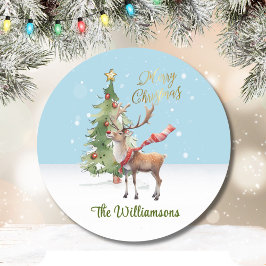 Pegatina Redonda Tarjeta de Navidades de reno de color de agua eleg