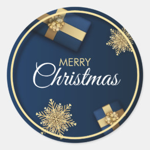 Pegatina Redonda Tarjeta de Navidades Golden Snowflakes, Feliz Navi
