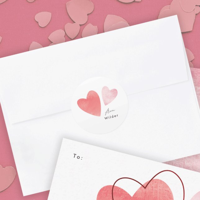 Pegatina Redonda Tarjeta de San Valentín del aula de los corazones  (Modern textured hand drawn hearts Valentine's Day Envelope Closure sticker.)