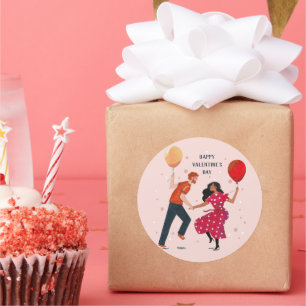 Pegatina Redonda Tarjeta de San Valentín para gente de color rosa y