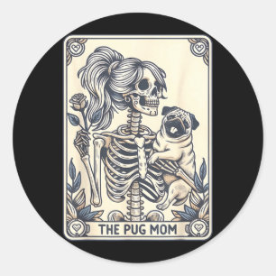 Pegatina Redonda Tarjeta de Tarot de Mamá Pug Esqueleto de Mamá Pug