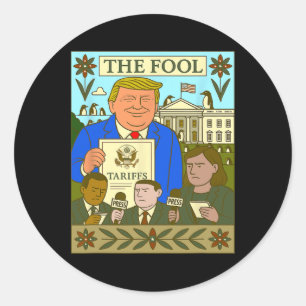 Pegatina Redonda Tarjeta de Tarot de Trump El Loco Impone Arancel a